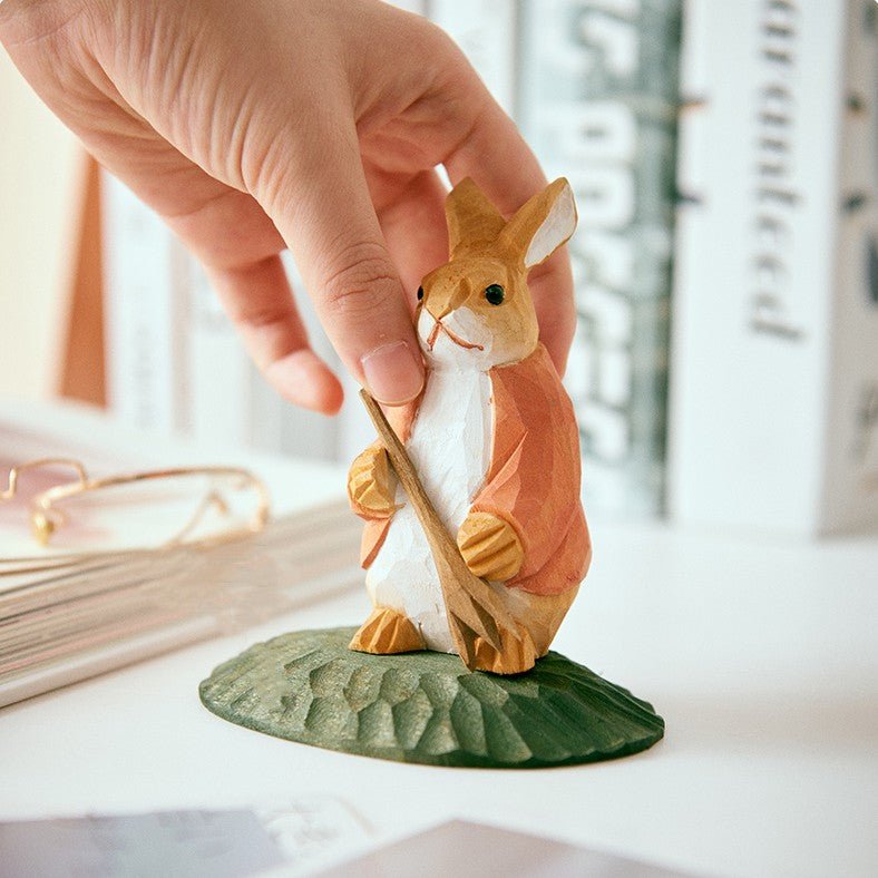 Bunny With Digging Fork Hand-Carved Figurine - Wooden Islands