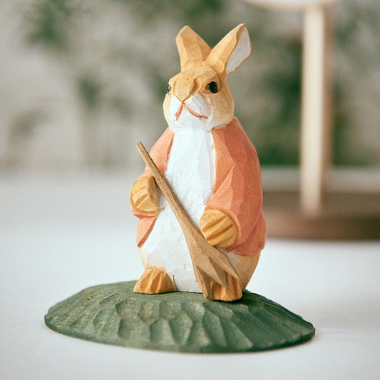 Bunny With Digging Fork Hand-Carved Figurine - Wooden Islands