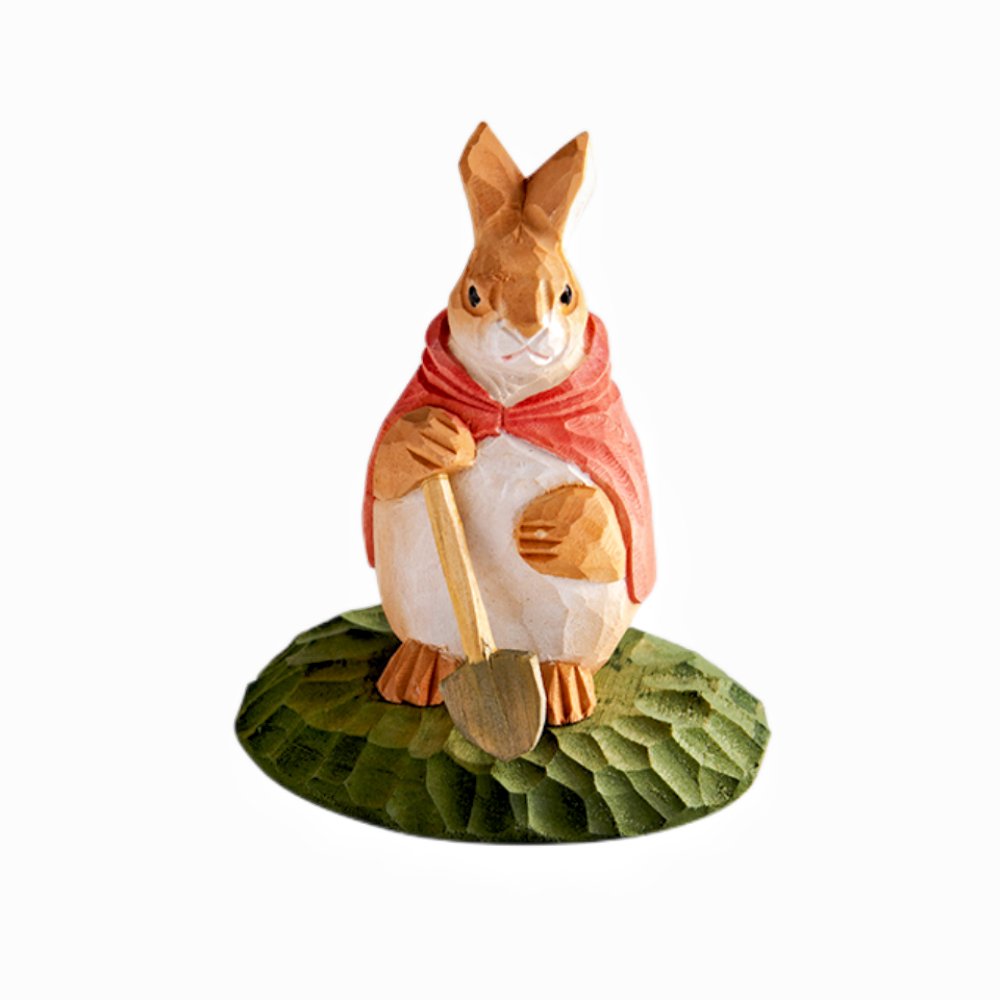 Bunny With Shovel Hand-Carved Figurine - Wooden Islands