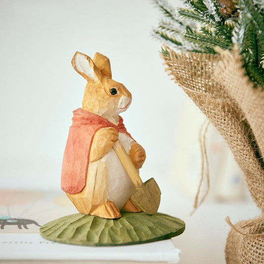Bunny With Shovel Hand-Carved Figurine - Wooden Islands