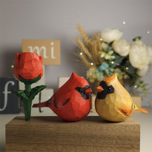 Cardinal Couple Figurine with Wooden Rose - Wooden Islands