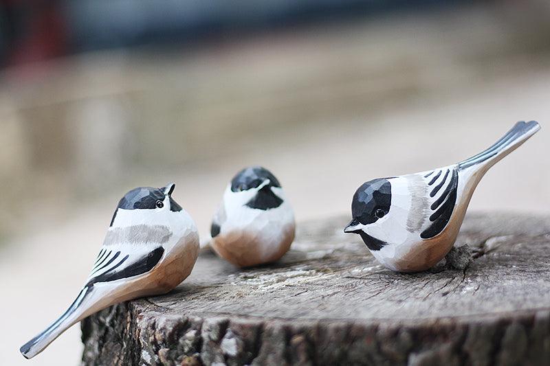 Chickadee Bird Figurine Hand Carved Painted Wooden - Wooden Islands