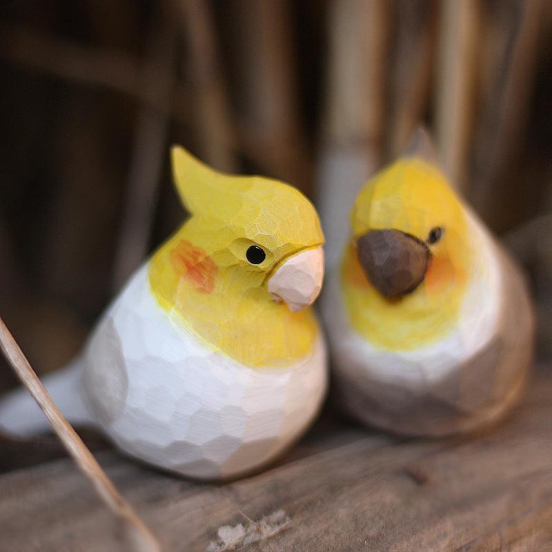 Cockatiel Bird Figurines Hand Carved Painted Wooden - Wooden Islands