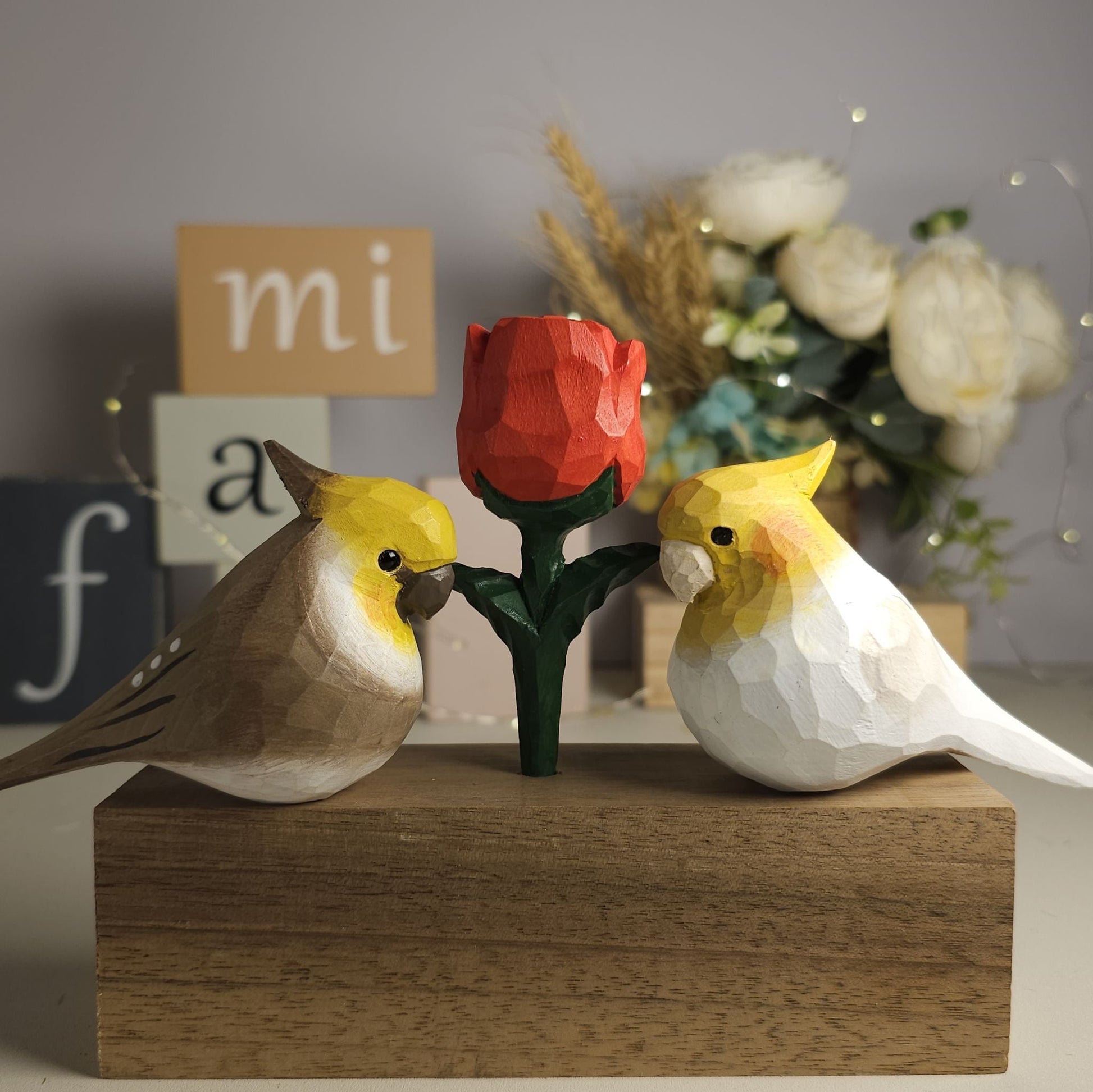 Cockatiel Couple Figurine with Wooden Rose - Wooden Islands