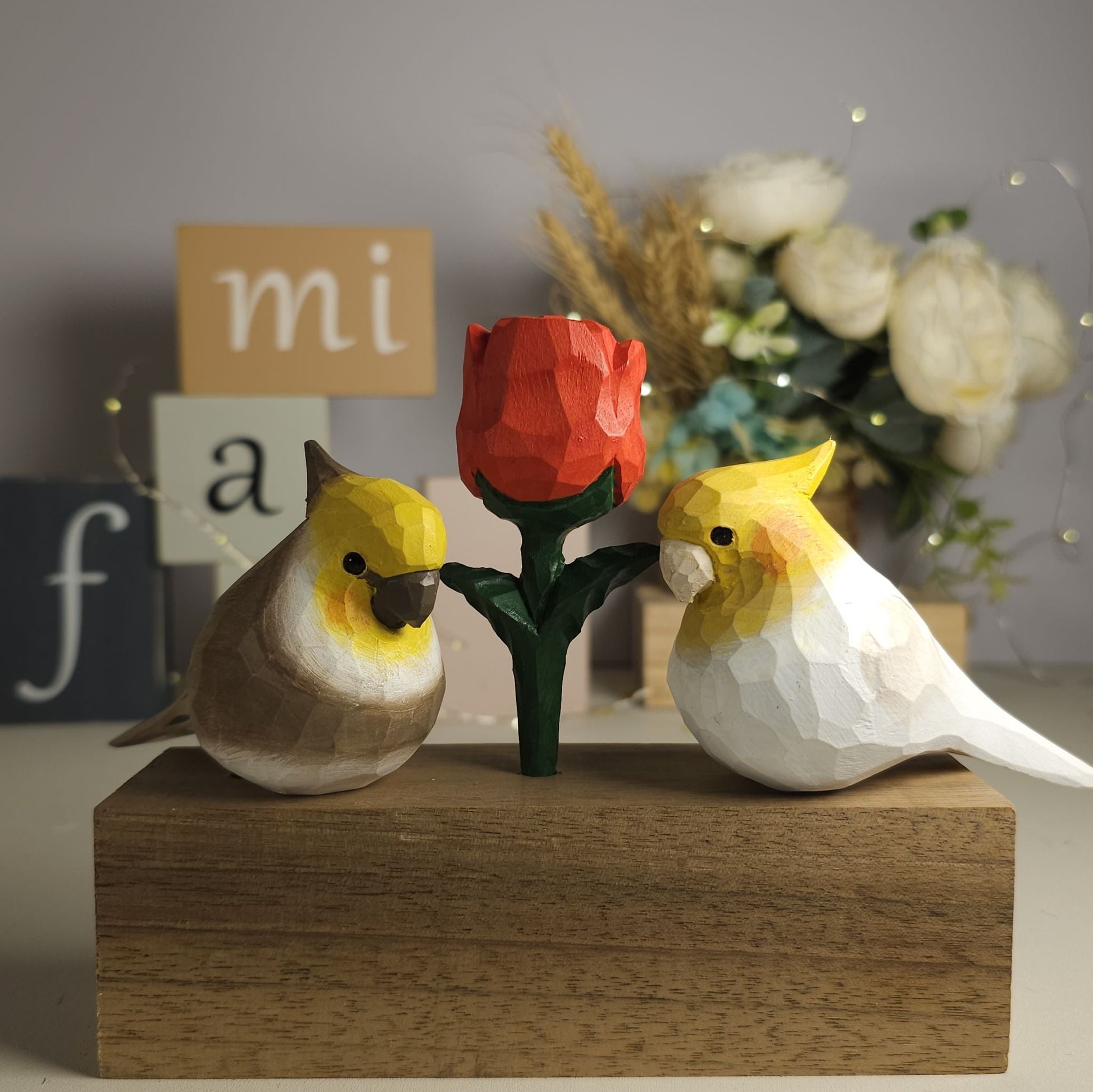 Cockatiel Couple Figurine with Wooden Rose - Wooden Islands