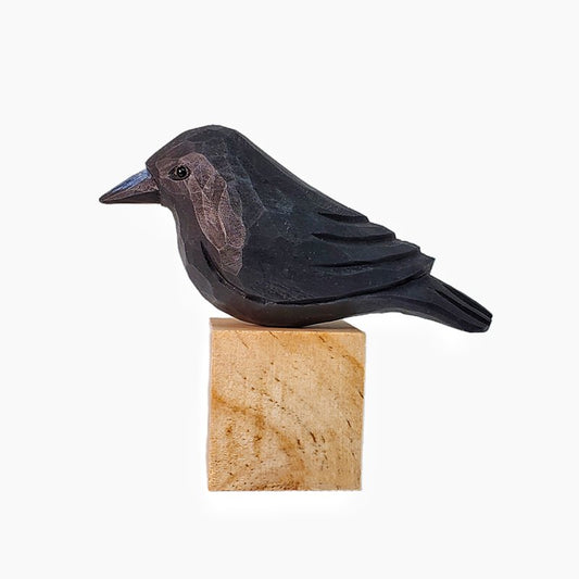 Crow Figurine Hand Carved Wood Painted Bird - Wooden Islands