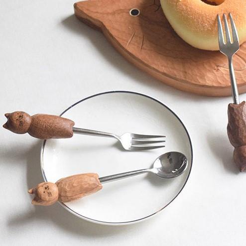 Dessert fork and spoon sets Hand Carved Cute Cat _MS - Wooden Islands