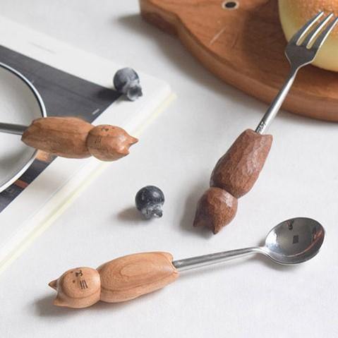 Dessert fork and spoon sets Hand Carved Cute Cat _MS - Wooden Islands
