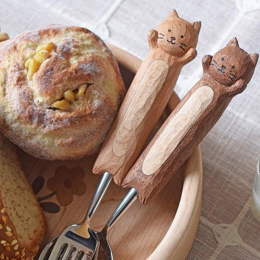Dinner fork and spoon sets Hand Carved Cute Cat _MS - Wooden Islands