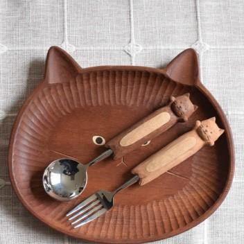 Dinner fork and spoon sets Hand Carved Cute Cat _MS - Wooden Islands