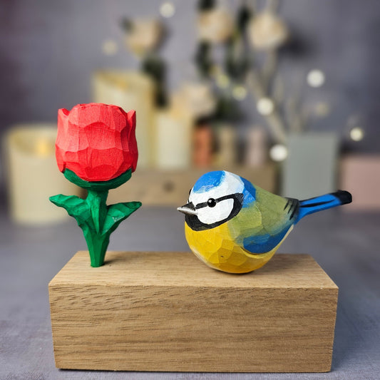 Eurasian Blue Tit with Rose - Wooden Islands