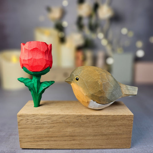 European Robin with Rose - Wooden Islands