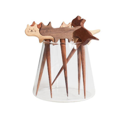 Fruit Fork Handmade Wooden Cute Cat fork Set with Glass Cup - Wooden Islands