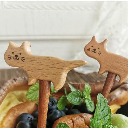 Fruit Fork Handmade Wooden Cute Cat fork Set with Glass Cup - Wooden Islands