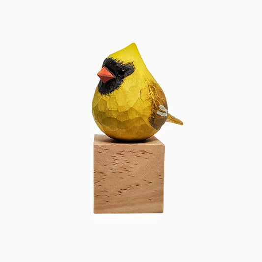Golden Cardinal Bird Wood Figurine Hand Carved And Painted - Wooden Islands
