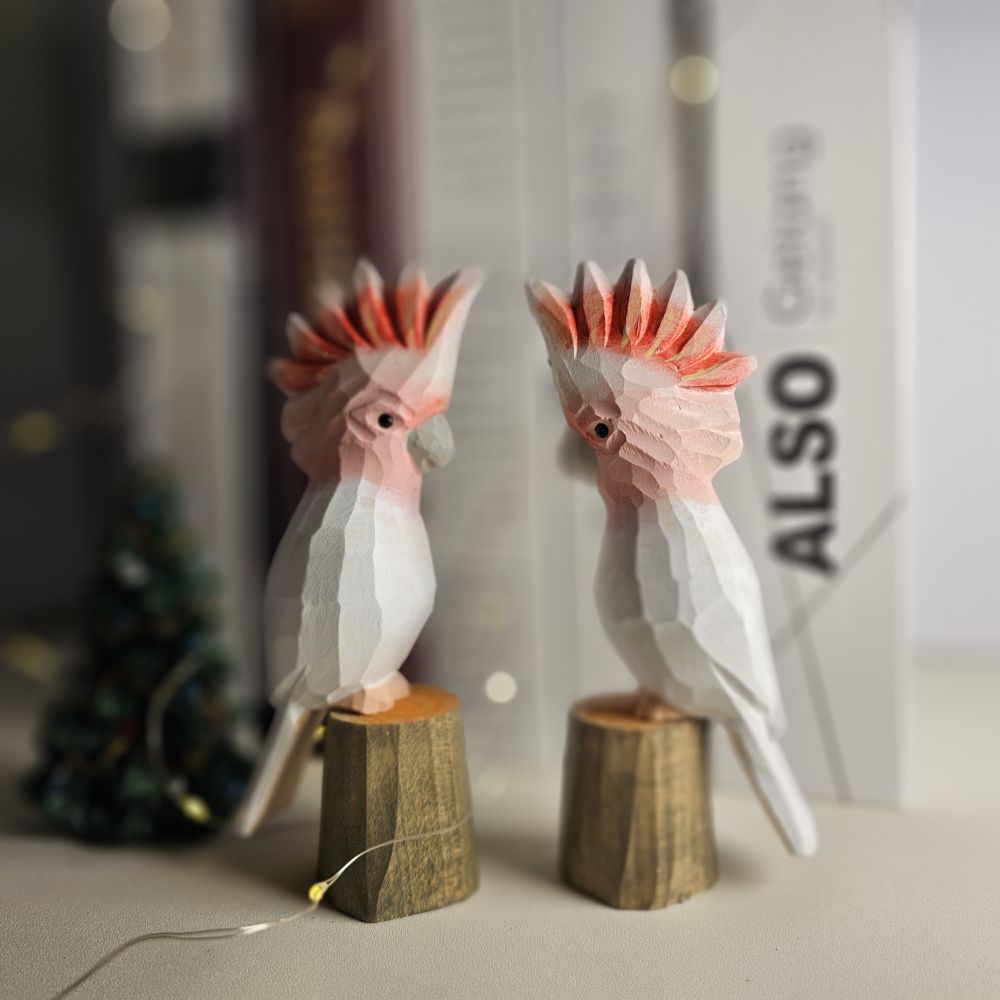Hand-Carved Pink Cockatoo Wooden Figurine: A Touch of Tropical Charm - Wooden Islands