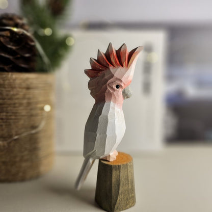 Hand-Carved Pink Cockatoo Wooden Figurine: A Touch of Tropical Charm - Wooden Islands