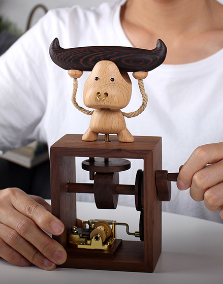 Hand-Cranked Music Boxes Wooden Handmade Ox - Wooden Islands