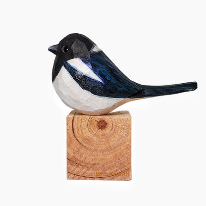 Magpie Bird Hand Carved and Painted Bird Figurine - Wooden Islands