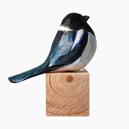 Magpie Bird Hand Carved and Painted Bird Figurine - Wooden Islands