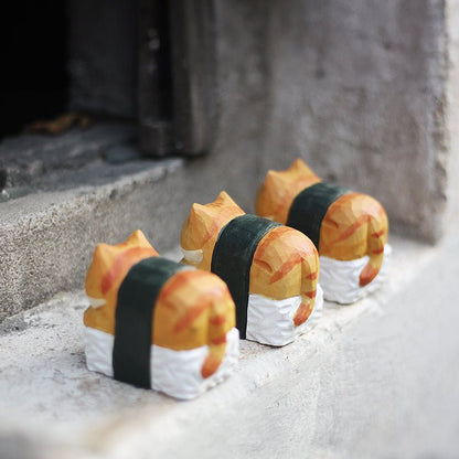 Quirky Sushi Cat Figurine - Hand-Painted Wooden Sculpture for Feline & Food Lovers - Wooden Islands