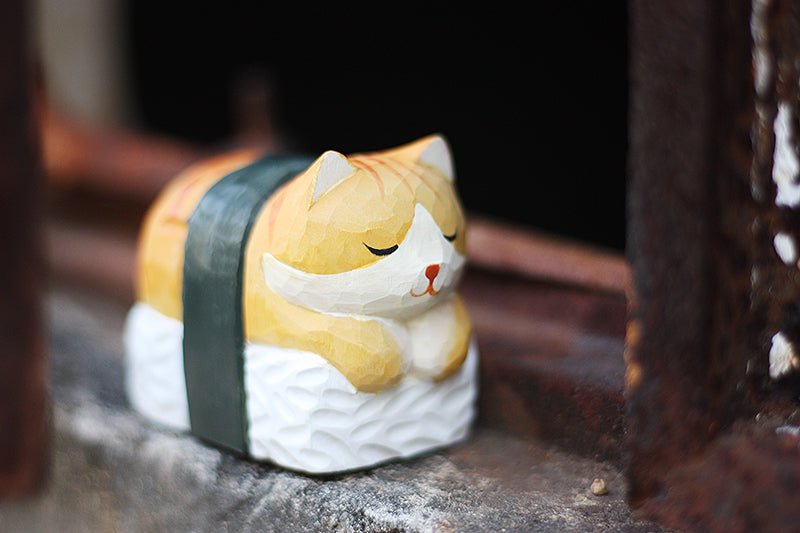 Quirky Sushi Cat Figurine - Hand-Painted Wooden Sculpture for Feline & Food Lovers - Wooden Islands