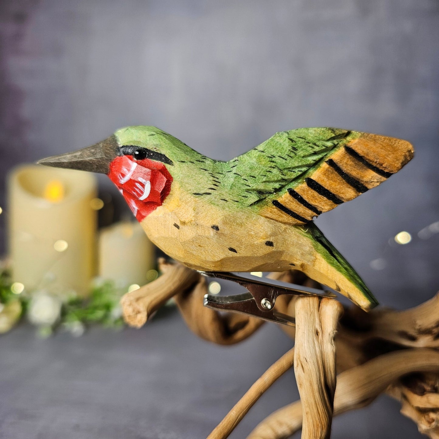 Ruby-Throated Hummingbird Clip-On Figurine - Wooden Islands