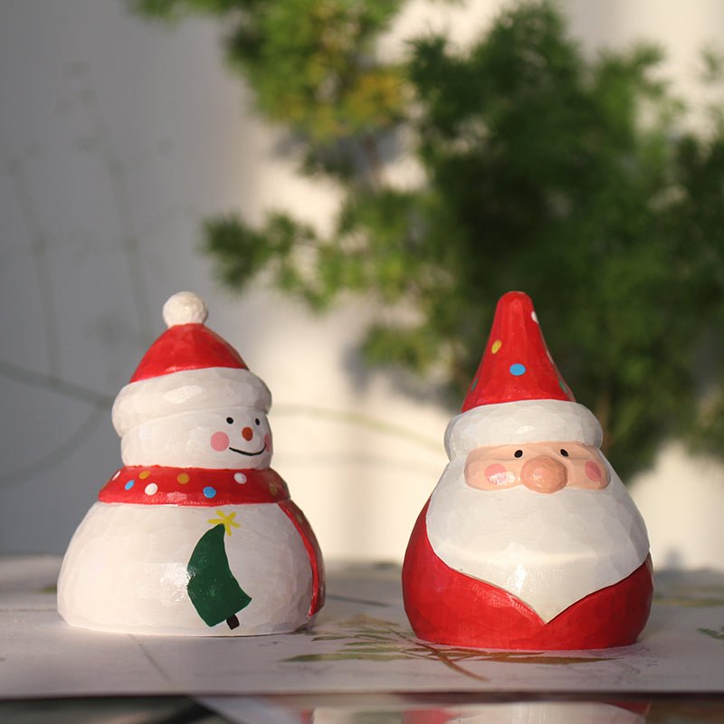 Santa Claus and Snowman Figurines Hand Carved Painted Wooden Statue Home Decor sculpture Christmas ornaments - Wooden Islands