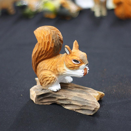 Squirrel With Wood Stand Sculpted Hand-Painted Animal Wood Figure - Wooden Islands