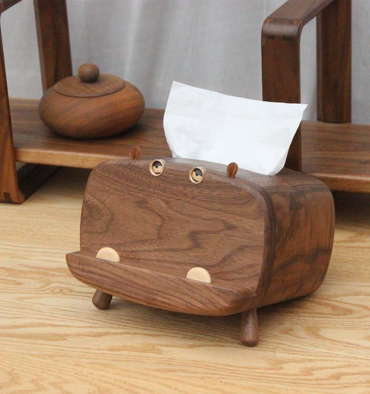 Tissue Box Cover with Phone Holder Wooden Handmade Hippo Decoration - Wooden Islands
