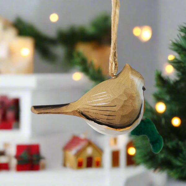 Hand Carved Wood Titmouse Ornaments for Holiday Decor – Wooden Islands