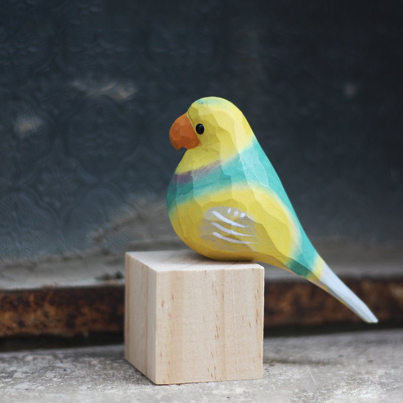 Vibrant Parakeet Figurine - Hand-Painted Wooden Sculpture for Bird Lovers - Wooden Islands