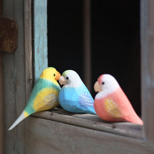 Vibrant Parakeet Figurine - Hand-Painted Wooden Sculpture for Bird Lovers - Wooden Islands
