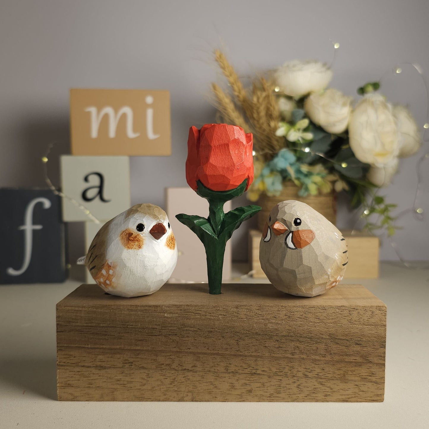 Zebra Finch Couple Figurine with Wooden Rose - Wooden Islands